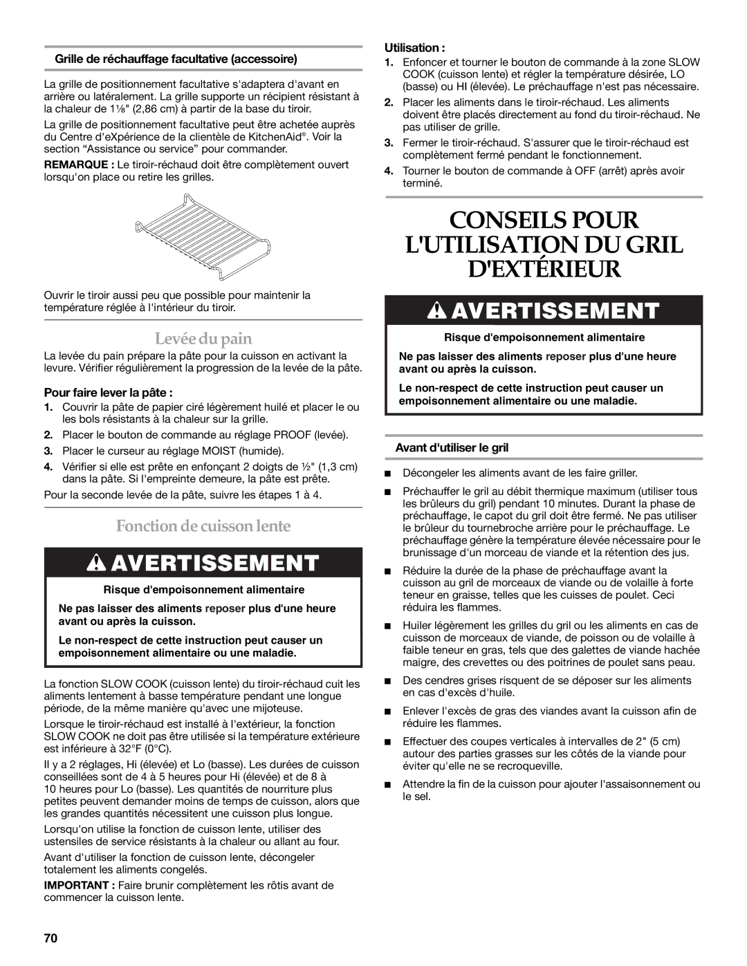 KitchenAid KFRU368VSS, KFRU488TSS Conseils Pour Lutilisation DU Gril Dextérieur, Levéedu pain, Fonction decuissonlente 