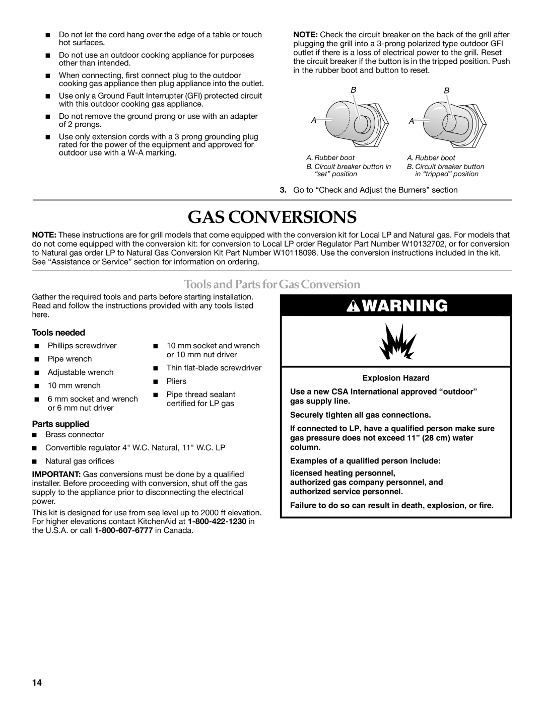 KitchenAid KFRU365VSS, KFRU368VSS, KFRU488VSS, KFRS271TSS, KFRU368TSS GAS Conversions, Tools and Parts for Gas Conversion 