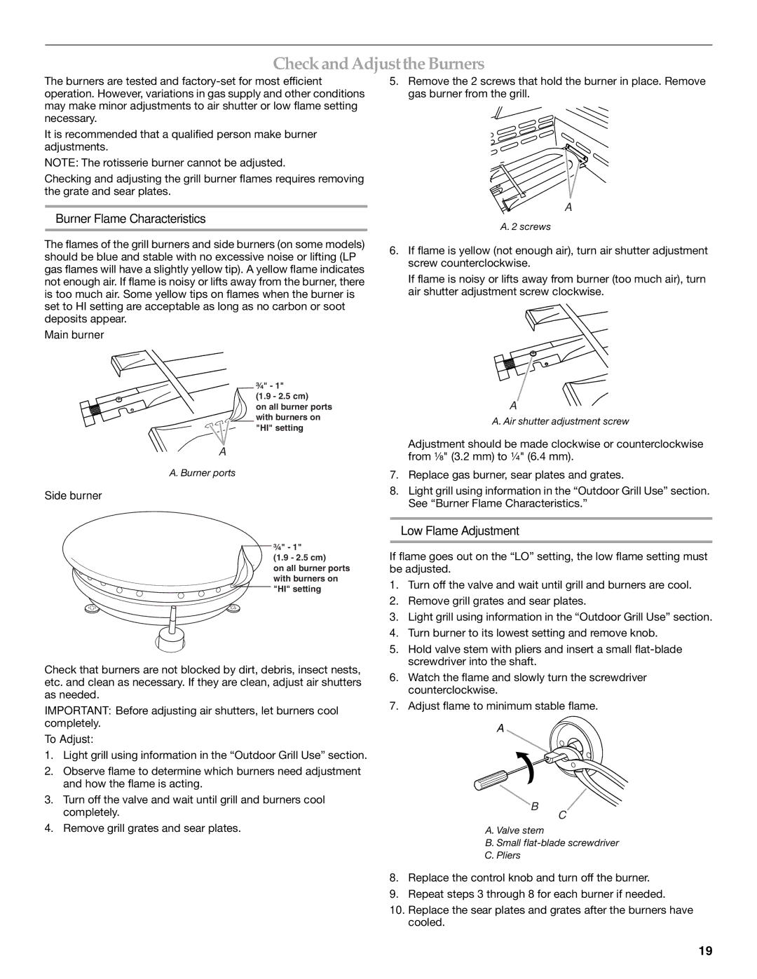 KitchenAid KFRU368TSS, KFRU368VSS Check and Adjustthe Burners, Burner Flame Characteristics, Low Flame Adjustment 