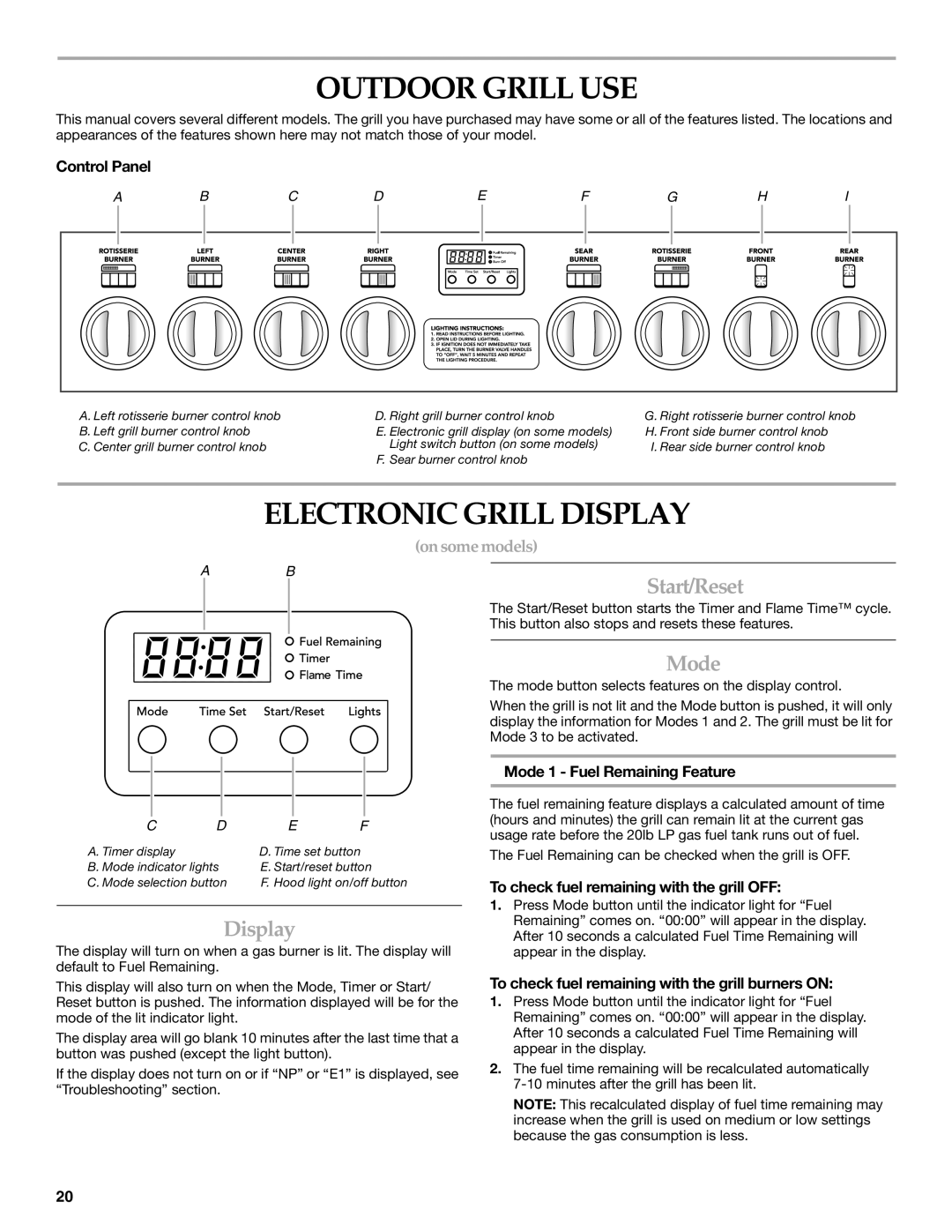 KitchenAid KFRU361VSS, KFRU368VSS, KFRU488VSS, KFRS271TSS Outdoor Grill USE, Electronic Grill Display, Start/Reset, Mode 