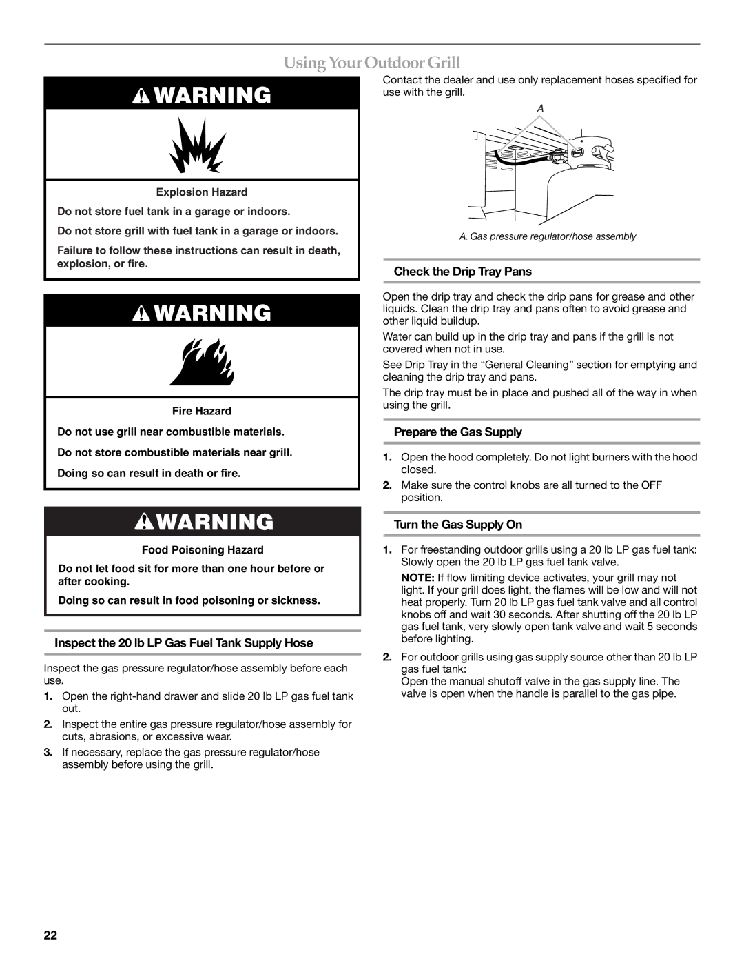 KitchenAid KFRU365VSS Using Your Outdoor Grill, Check the Drip Tray Pans, Prepare the Gas Supply, Turn the Gas Supply On 