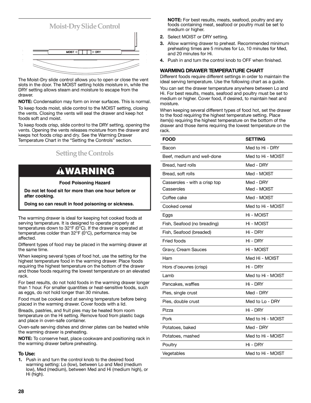 KitchenAid KFRU361VSS Moist-Dry Slide Control, Setting the Controls, Warming Drawer Temperature Chart, Food Setting 