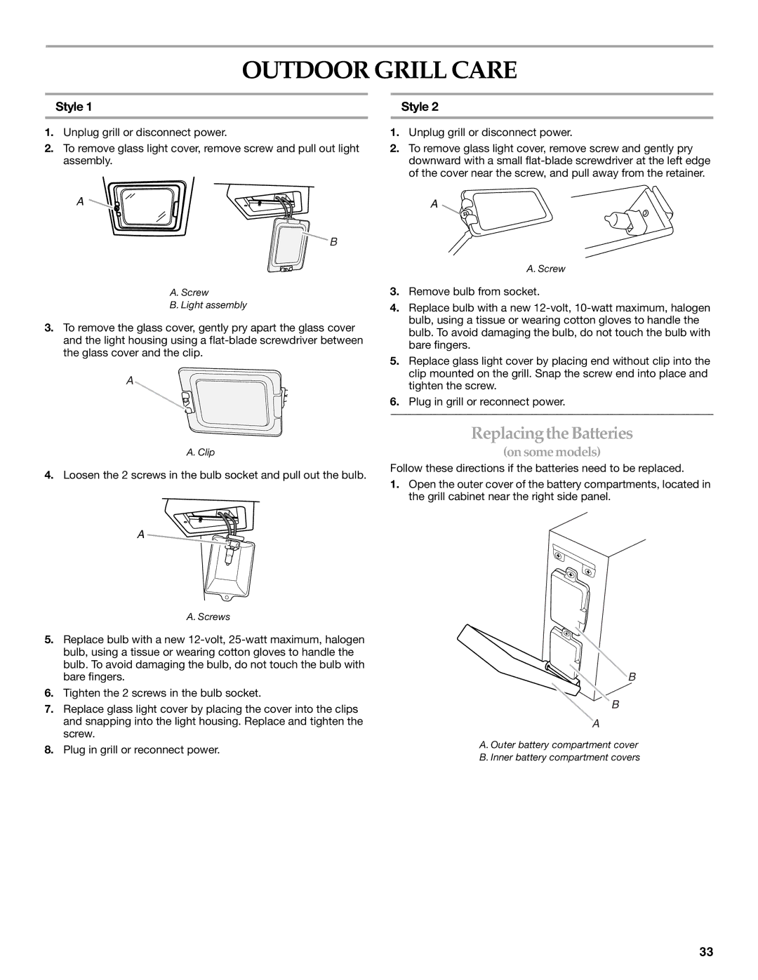 KitchenAid KFRU488VSS, KFRU368VSS, KFRS271TSS, KFRU368TSS, KFRU361VSS Outdoor Grill Care, Replacing the Batteries, Style 