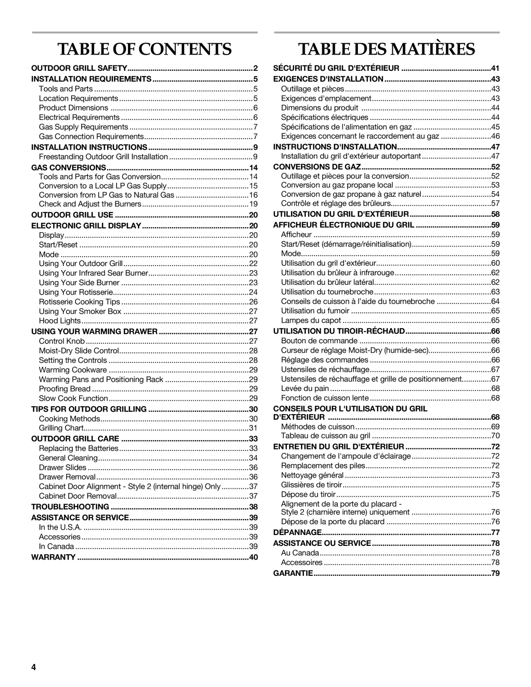 KitchenAid KFRU361VSS, KFRU368VSS, KFRU488VSS, KFRS271TSS, KFRU368TSS, KFRU271VSS Table DES Matières, Table of Contents 