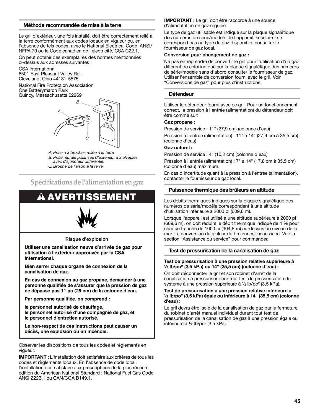 KitchenAid KFRU271VSS Spécifications de lalimentation en gaz, Méthode recommandée de mise à la terre, Détendeur 