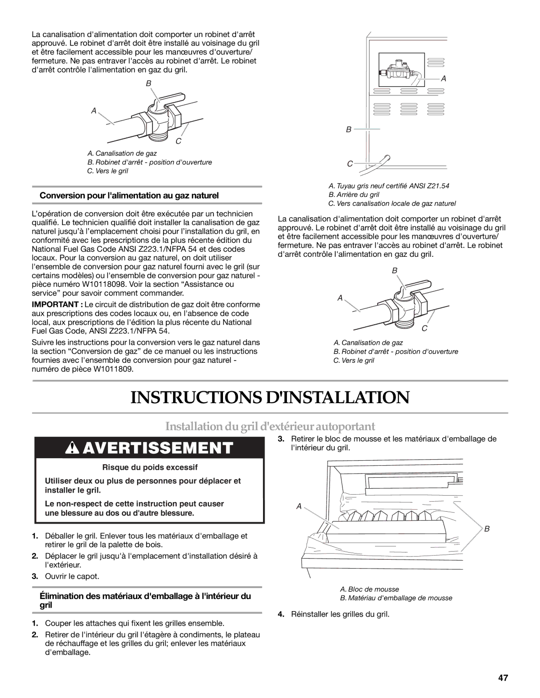 KitchenAid KFRS361TSS, KFRU368VSS, KFRU488VSS Instructions Dinstallation, Installation du gril dextérieur autoportant 