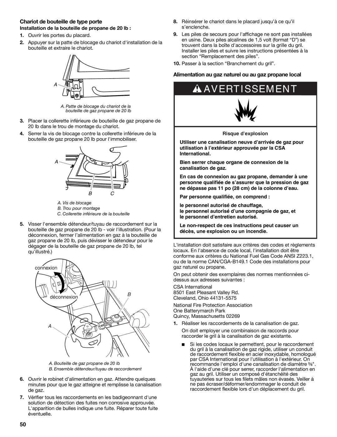 KitchenAid KFRS271TSS, KFRU368VSS Chariot de bouteille de type porte, Alimentation au gaz naturel ou au gaz propane local 