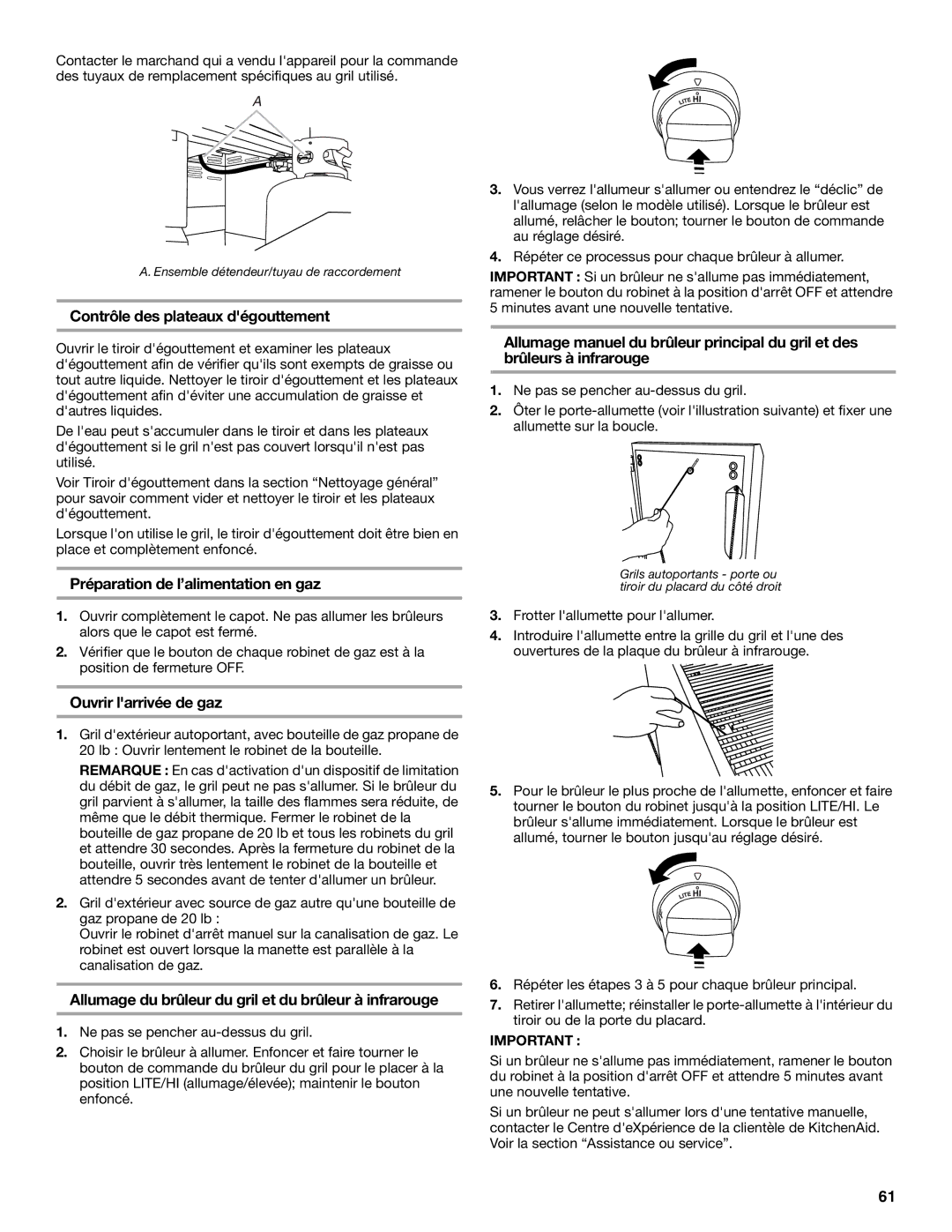 KitchenAid KFRU271VSS Contrôle des plateaux dégouttement, Préparation de l’alimentation en gaz, Ouvrir larrivée de gaz 