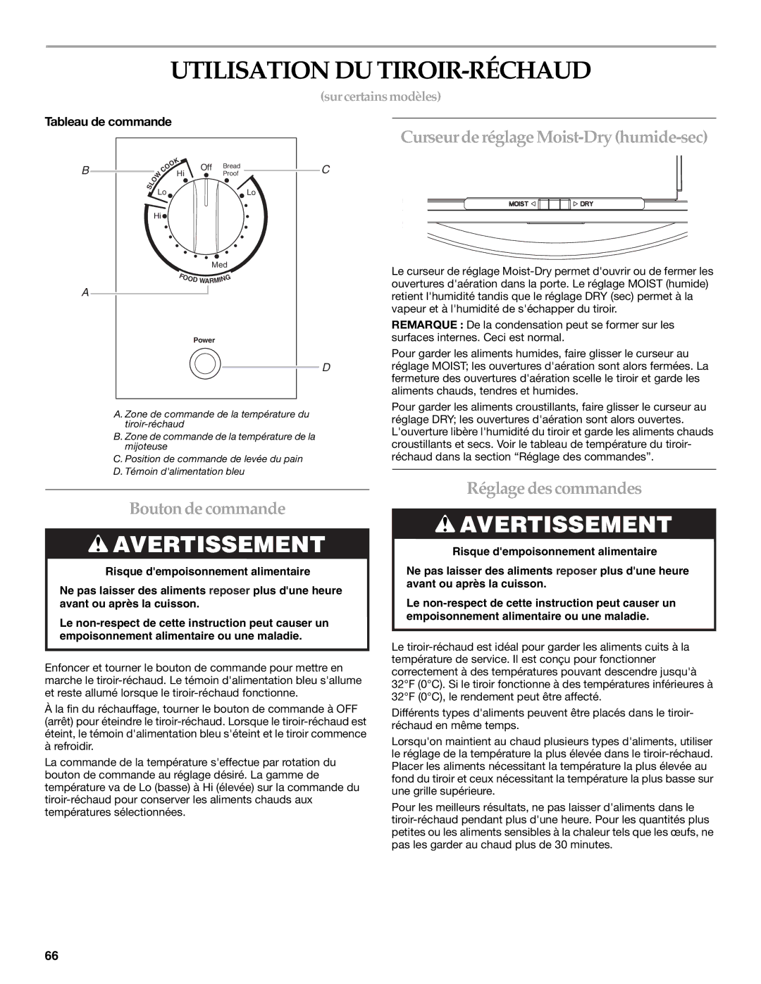 KitchenAid KFRS271TSS Utilisation DU TIROIR-RÉCHAUD, Curseur de réglage Moist-Dry humide-sec, Bouton de commande 