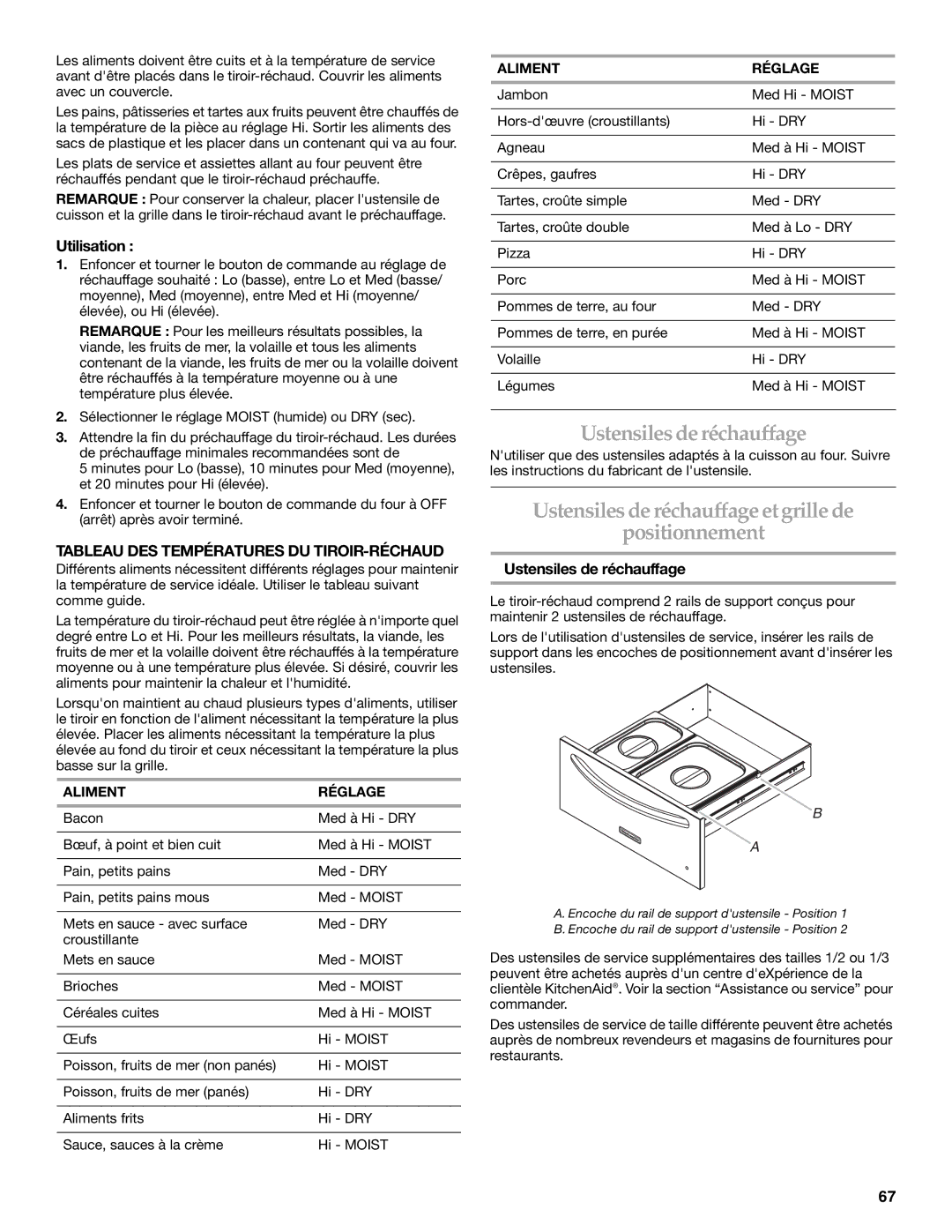 KitchenAid KFRU368TSS, KFRU368VSS, KFRU488VSS Ustensiles de réchauffage et grille de Positionnement, Aliment Réglage 