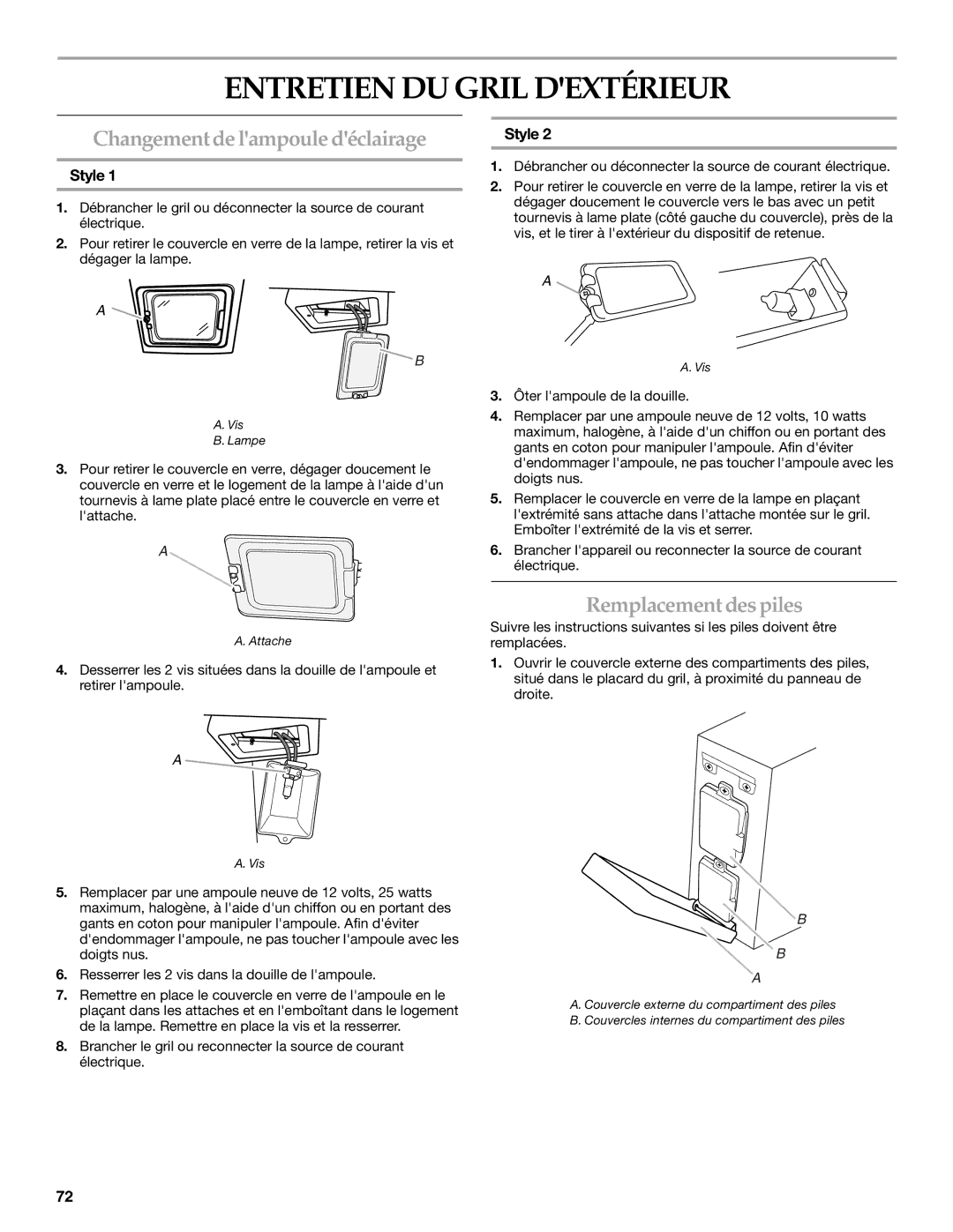 KitchenAid KFRU368VSS, KFRU488VSS Entretien DU Gril Dextérieur, Changement de lampoule déclairage, Remplacement des piles 