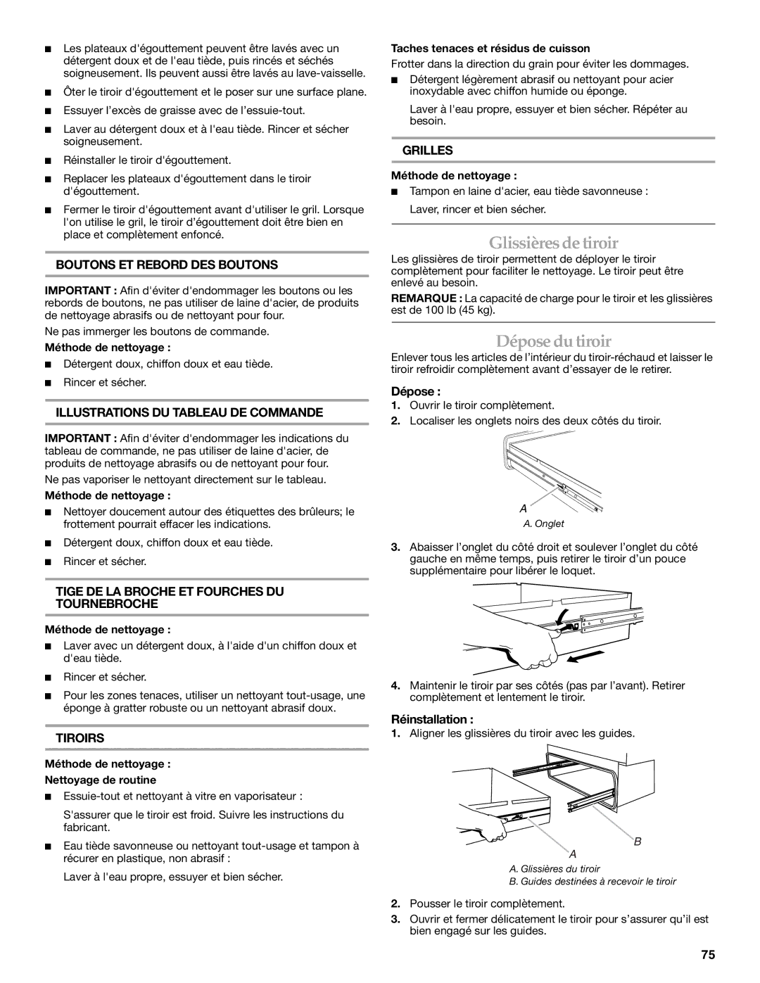 KitchenAid KFRU368TSS, KFRU368VSS, KFRU488VSS, KFRS271TSS, KFRU361VSS, KFRU271VSS Glissières de tiroir, Dépose du tiroir 