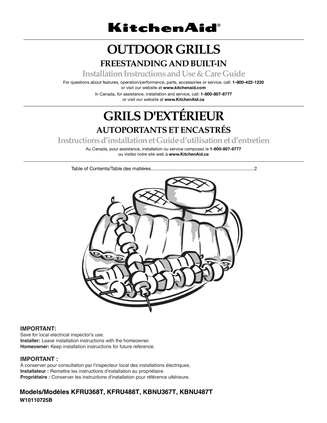 KitchenAid KFRU488TSS installation instructions Outdoor Grills 