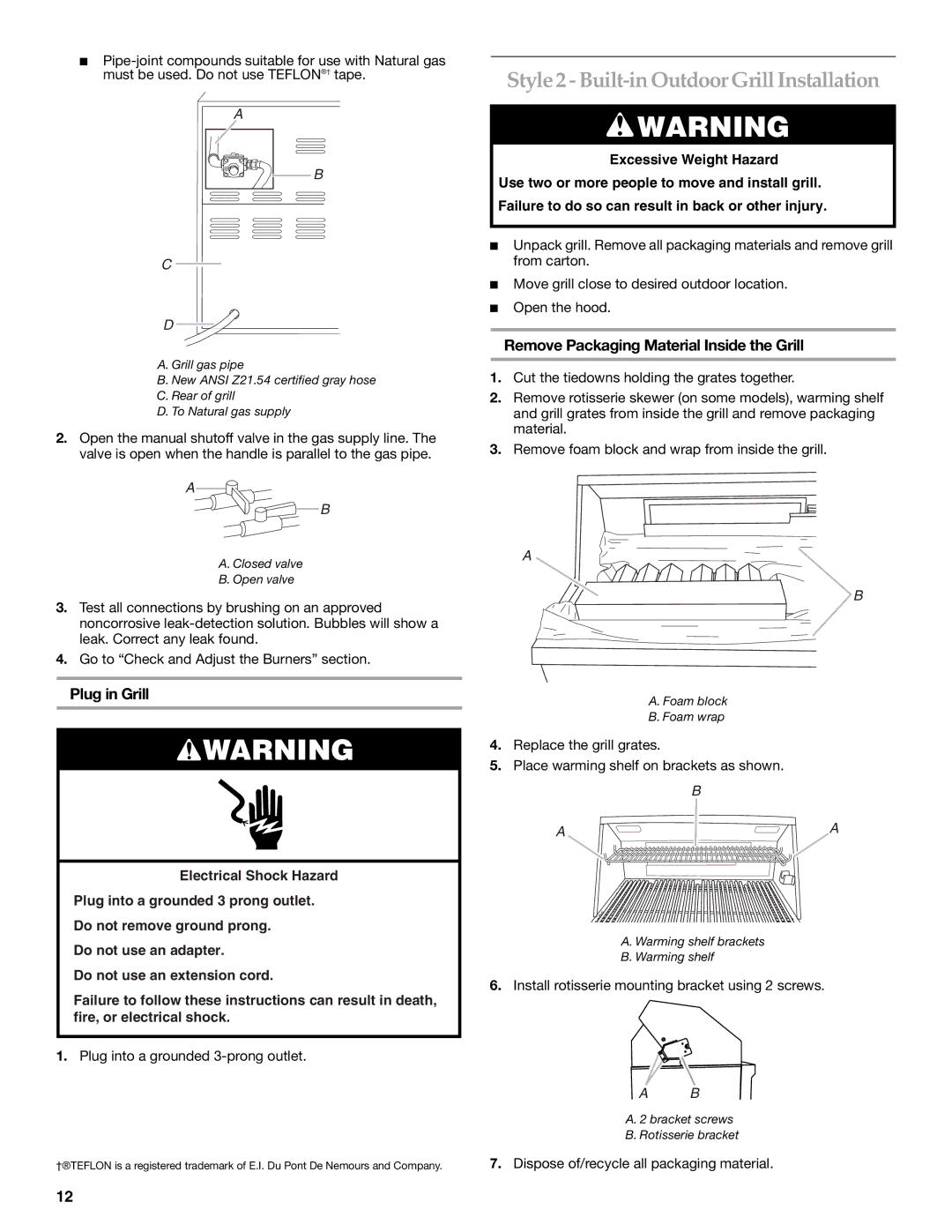 KitchenAid KFRU488TSS installation instructions Style 2 Built-in Outdoor Grill Installation, Plug in Grill 