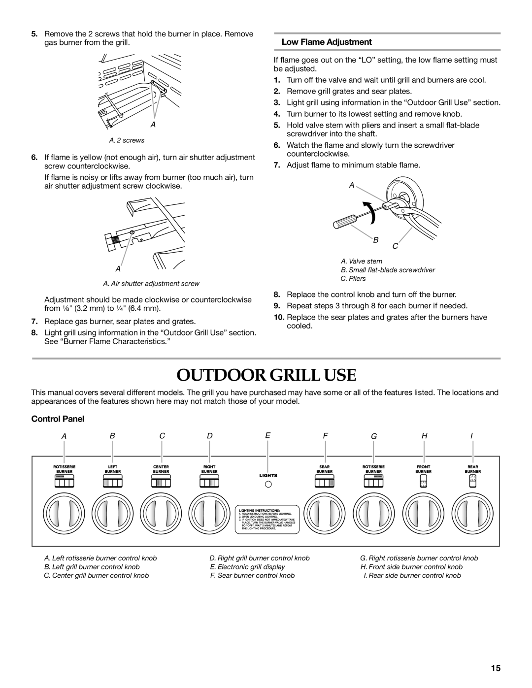 KitchenAid KFRU488TSS installation instructions Outdoor Grill USE, Low Flame Adjustment, Control Panel 