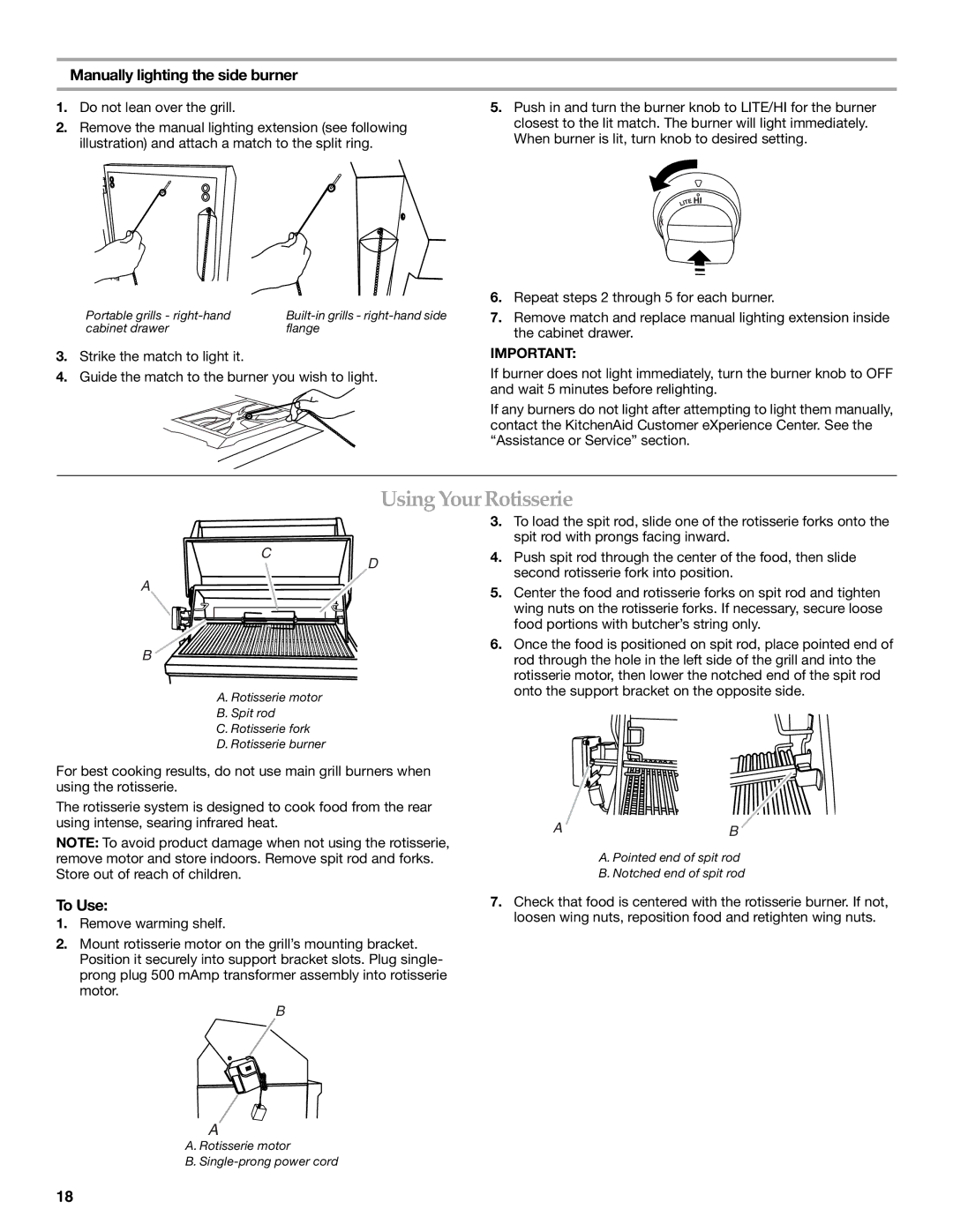 KitchenAid KFRU488TSS installation instructions Using Your Rotisserie, Manually lighting the side burner, To Use 