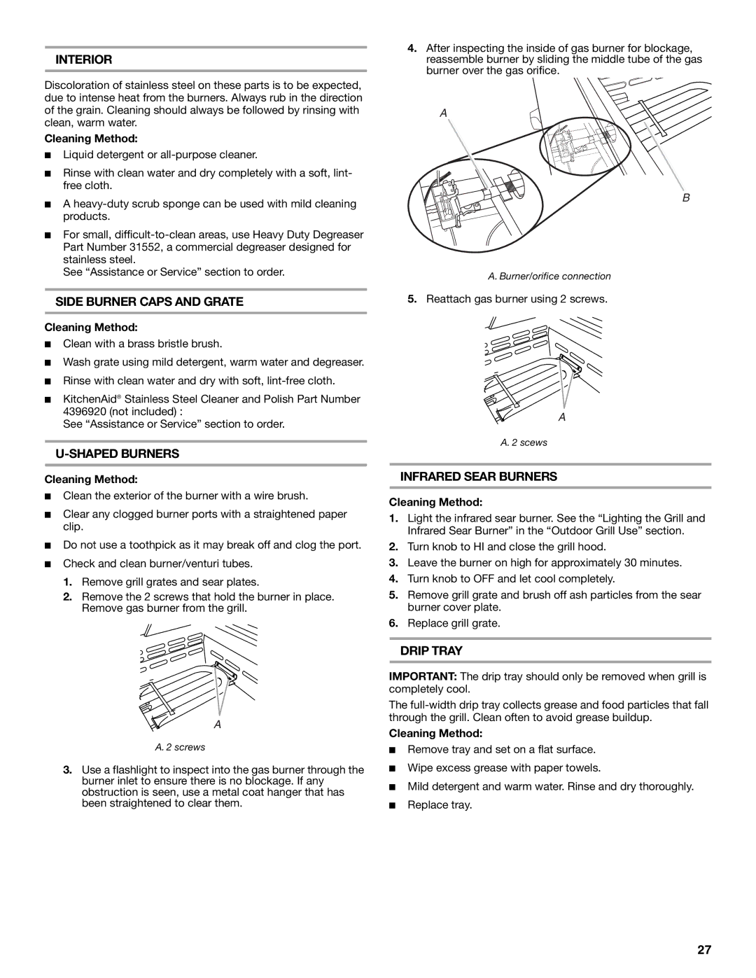 KitchenAid KFRU488TSS Interior, Side Burner Caps and Grate, Shaped Burners, Infrared Sear Burners, Drip Tray 