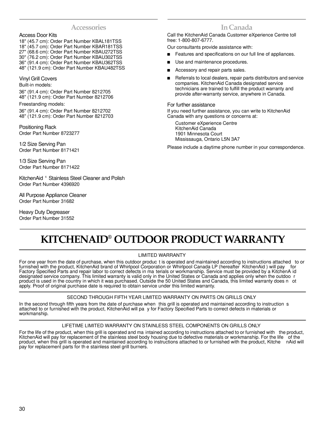 KitchenAid KFRU488TSS installation instructions Kitchenaid Outdoor Product Warranty, Accessories 