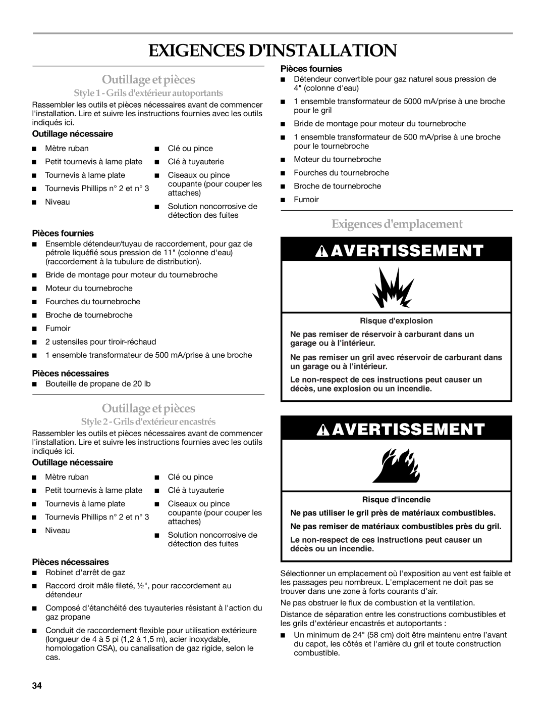 KitchenAid KFRU488TSS installation instructions Exigences Dinstallation, Outillage et pièces, Exigences demplacement 