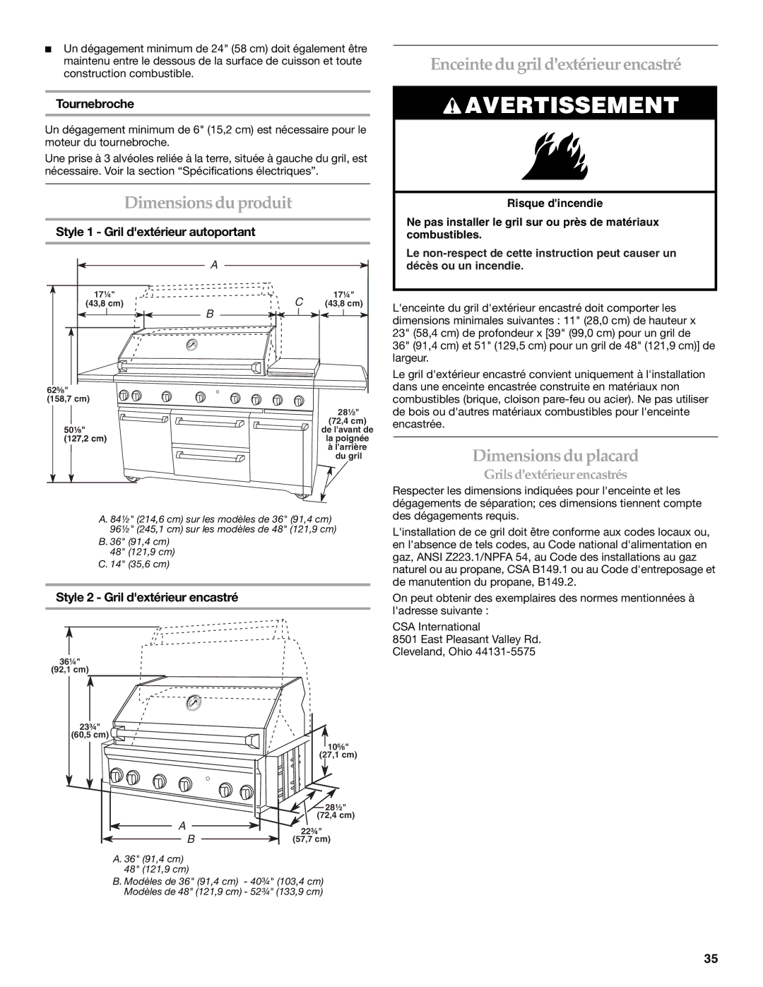 KitchenAid KFRU488TSS Dimensions du produit, Enceinte du gril dextérieur encastré, Dimensions du placard 