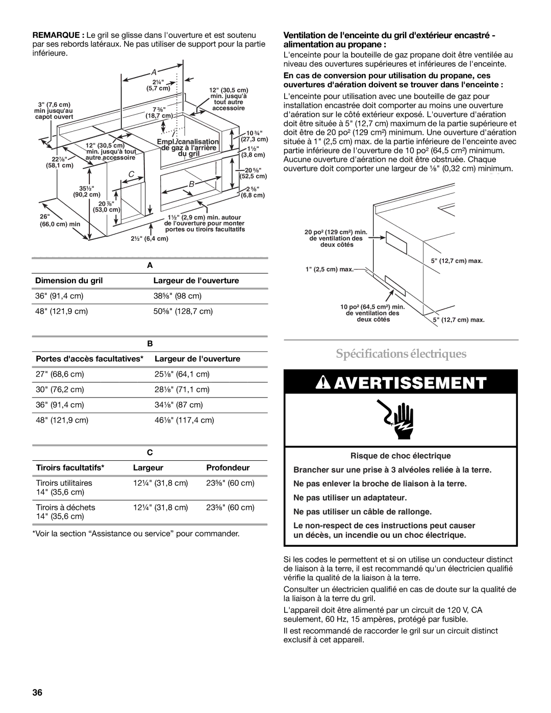 KitchenAid KFRU488TSS installation instructions Spécifications électriques, Dimension du gril Largeur de louverture 