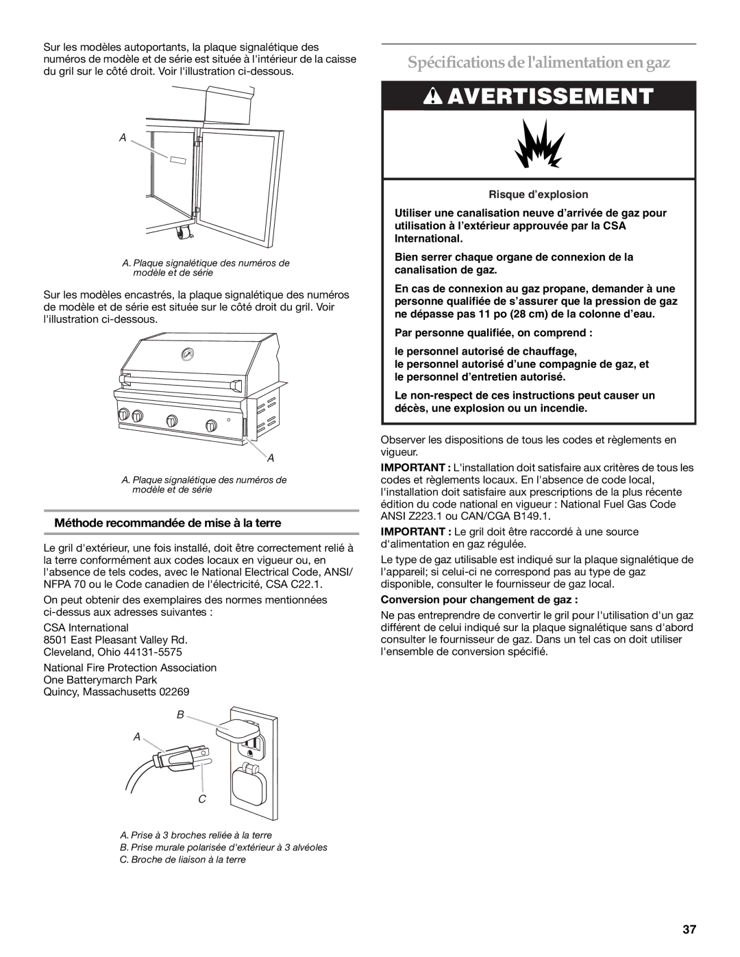 KitchenAid KFRU488TSS Spécifications de lalimentation en gaz, Méthode recommandée de mise à la terre 