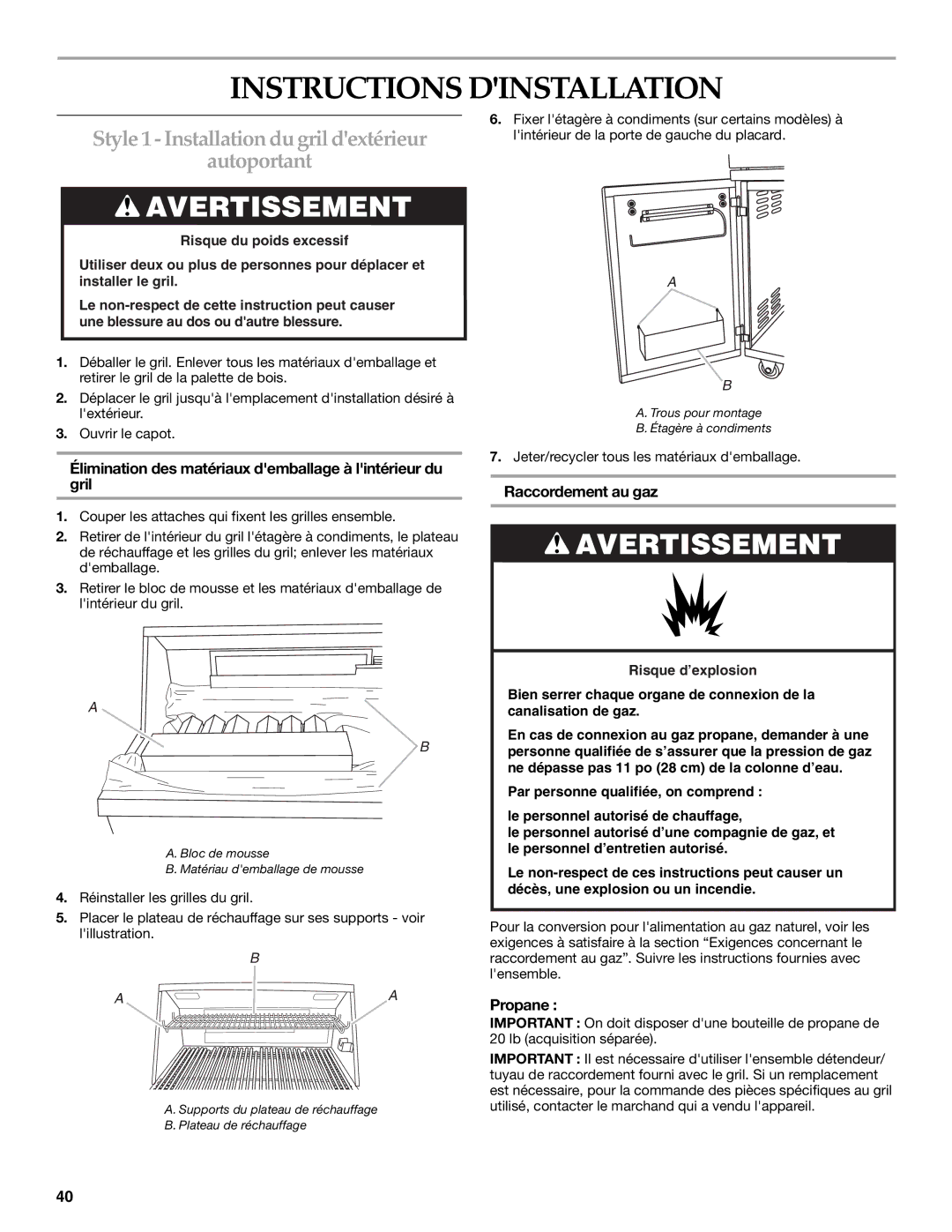 KitchenAid KFRU488TSS Instructions Dinstallation, Style 1 Installation du gril dextérieur Autoportant, Raccordement au gaz 