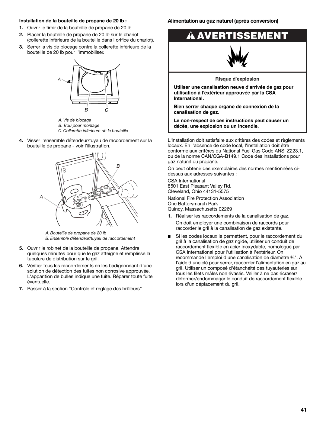 KitchenAid KFRU488TSS Alimentation au gaz naturel après conversion, Installation de la bouteille de propane de 20 lb 