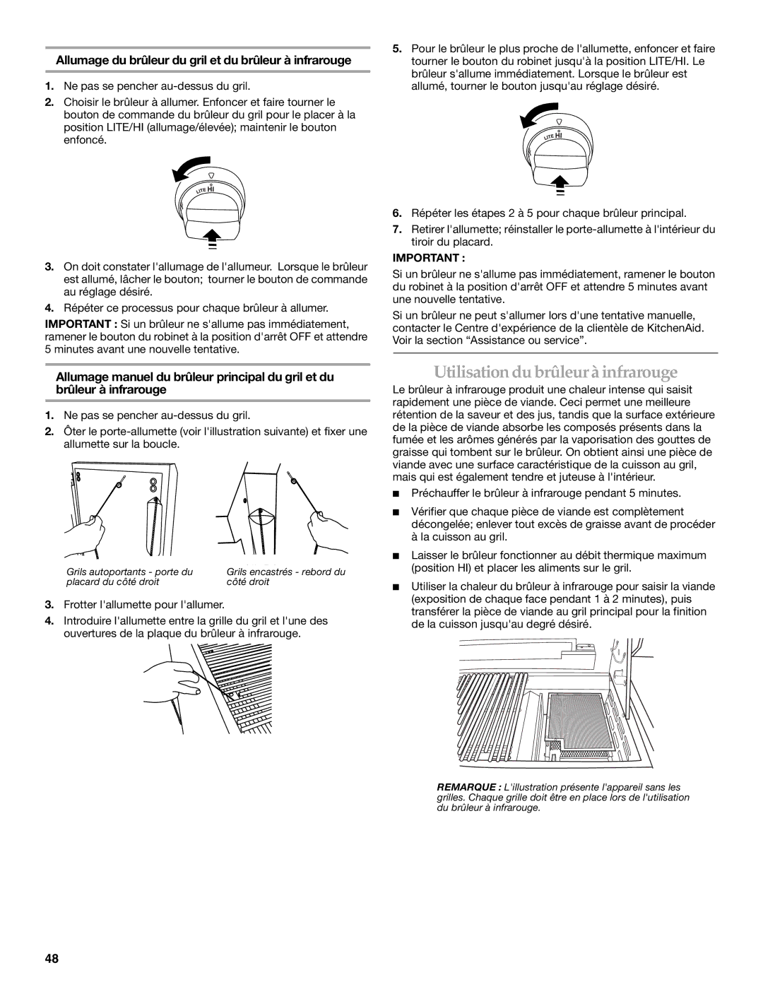 KitchenAid KFRU488TSS Utilisation du brûleur à infrarouge, Allumage du brûleur du gril et du brûleur à infrarouge 