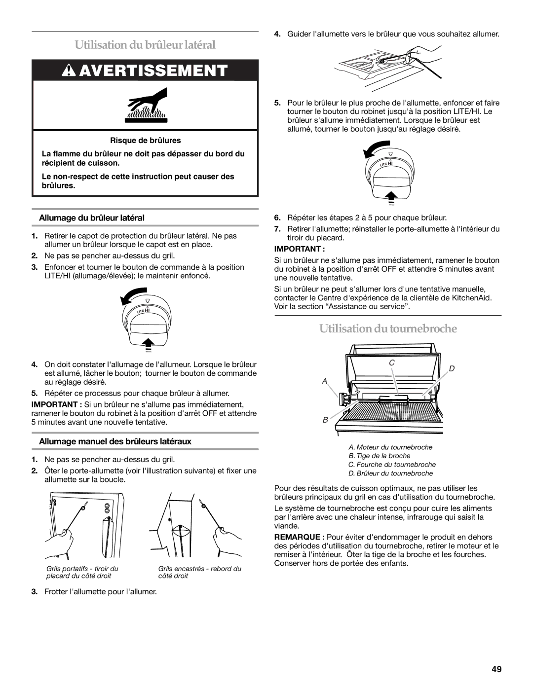 KitchenAid KFRU488TSS Utilisation du brûleur latéral, Utilisation du tournebroche, Allumage du brûleur latéral 