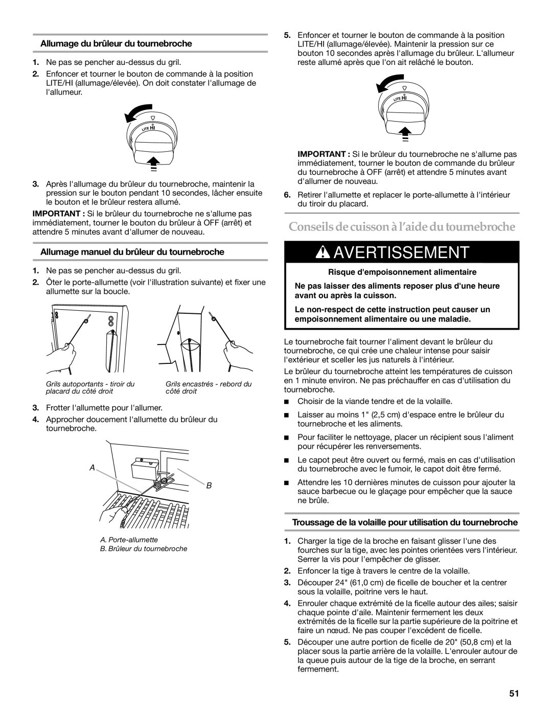 KitchenAid KFRU488TSS Conseils de cuisson à l’aide du tournebroche, Allumage du brûleur du tournebroche 