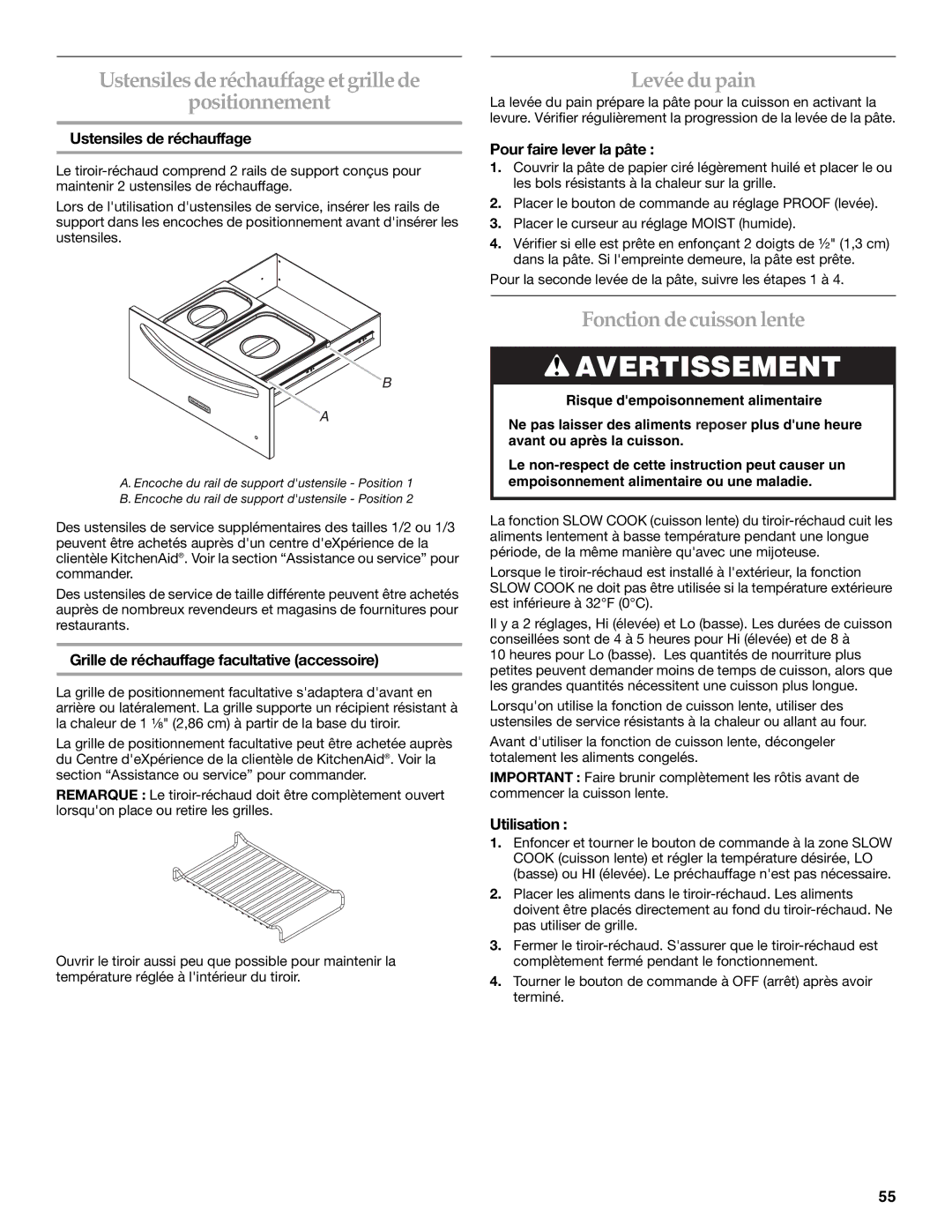 KitchenAid KFRU488TSS Ustensiles de réchauffage et grille de Positionnement, Levée du pain, Fonction de cuisson lente 