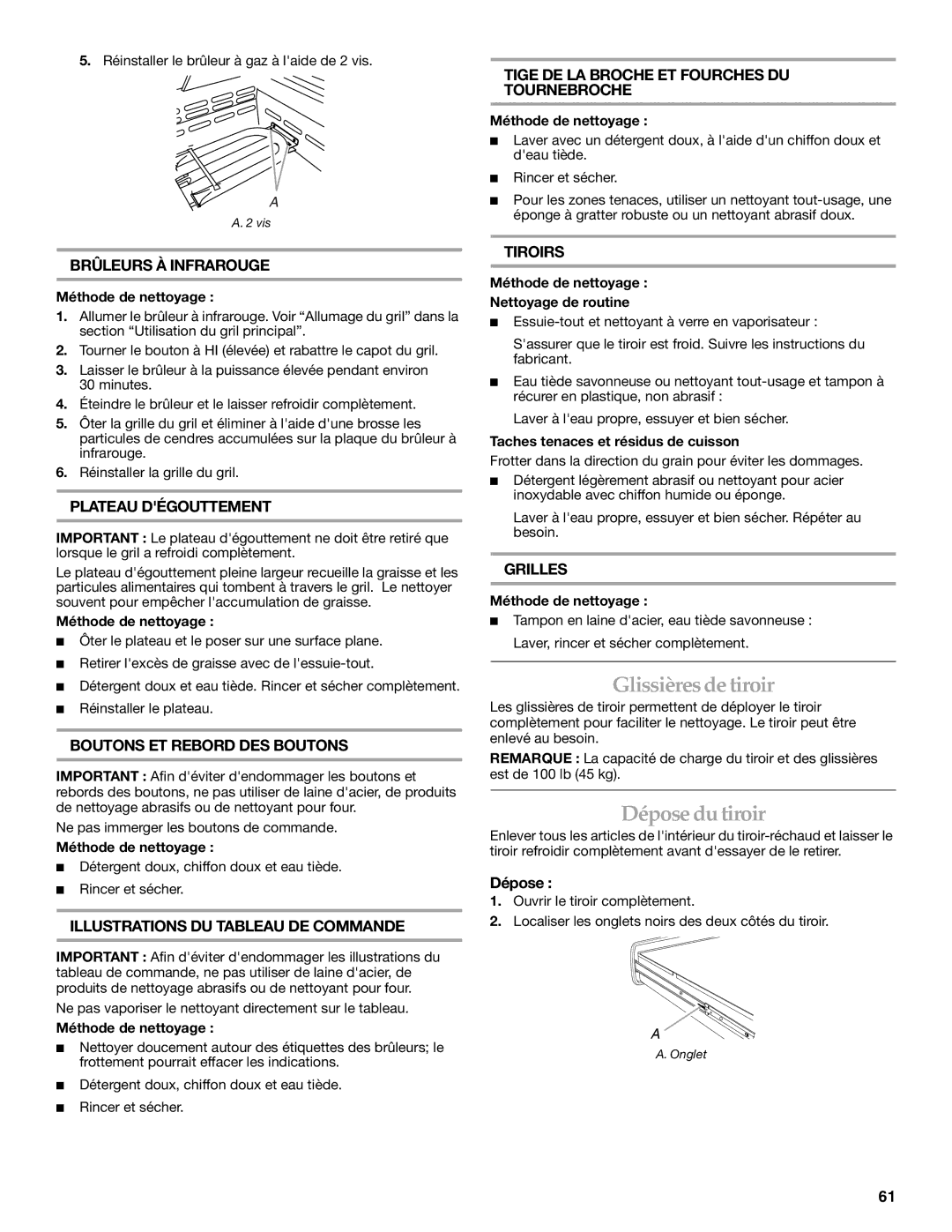 KitchenAid KFRU488TSS installation instructions Glissières de tiroir, Dépose du tiroir 