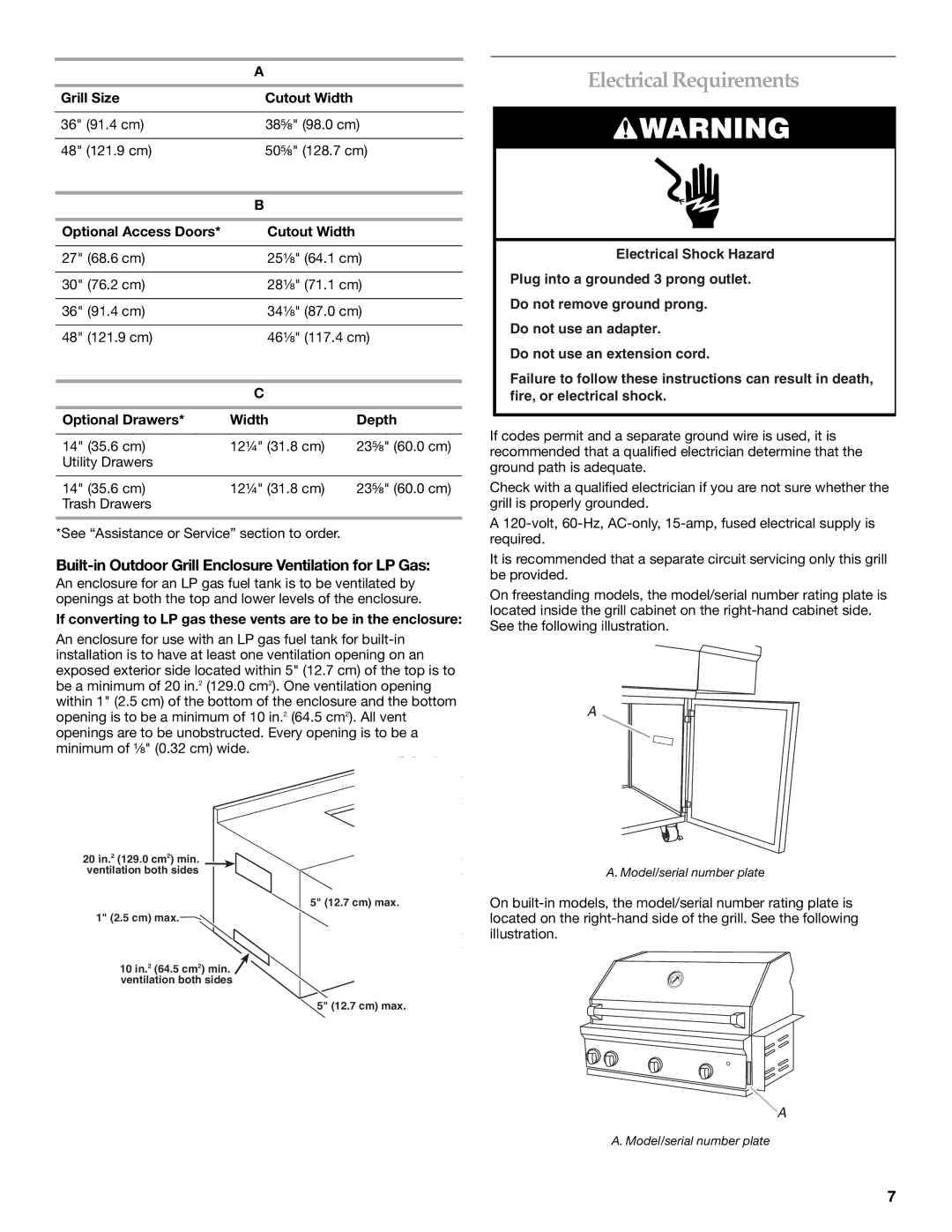 KitchenAid KFRU488TSS Electrical Requirements, Built-in Outdoor Grill Enclosure Ventilation for LP Gas 