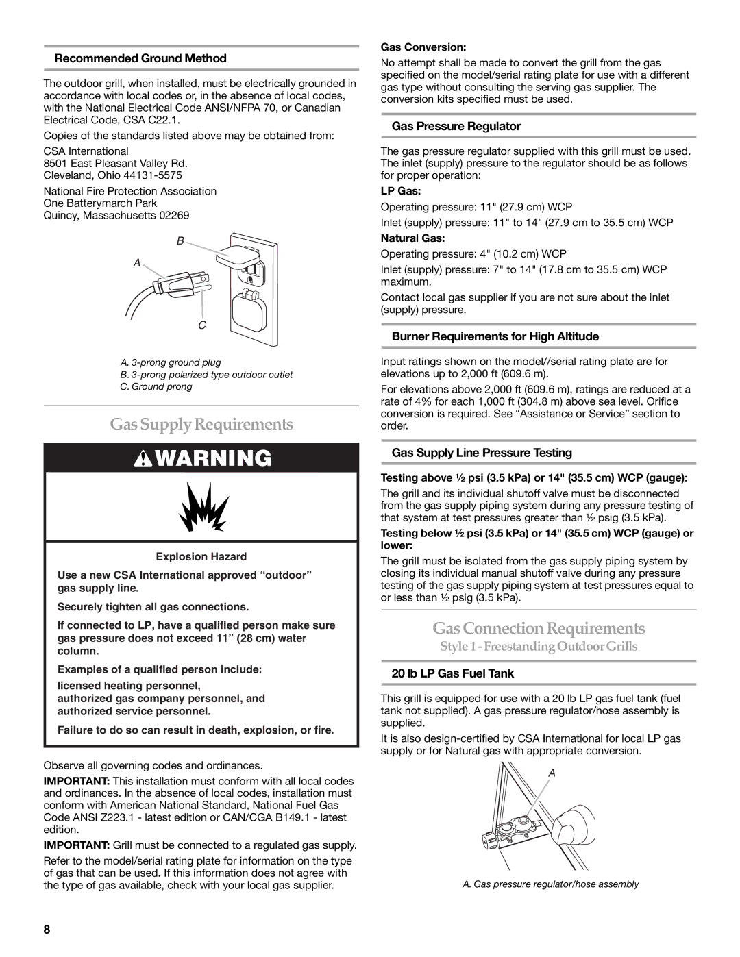 KitchenAid KFRU488TSS installation instructions Gas Supply Requirements, Gas Connection Requirements 