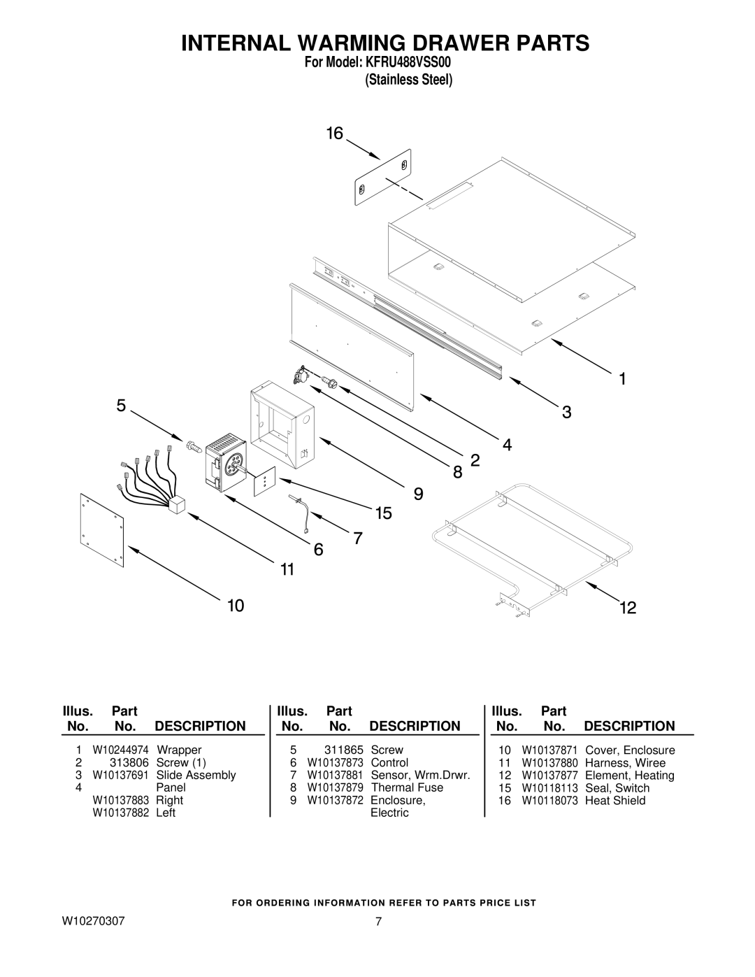 KitchenAid manual Internal Warming Drawer Parts, For Model KFRU488VSS00 Stainless Steel 