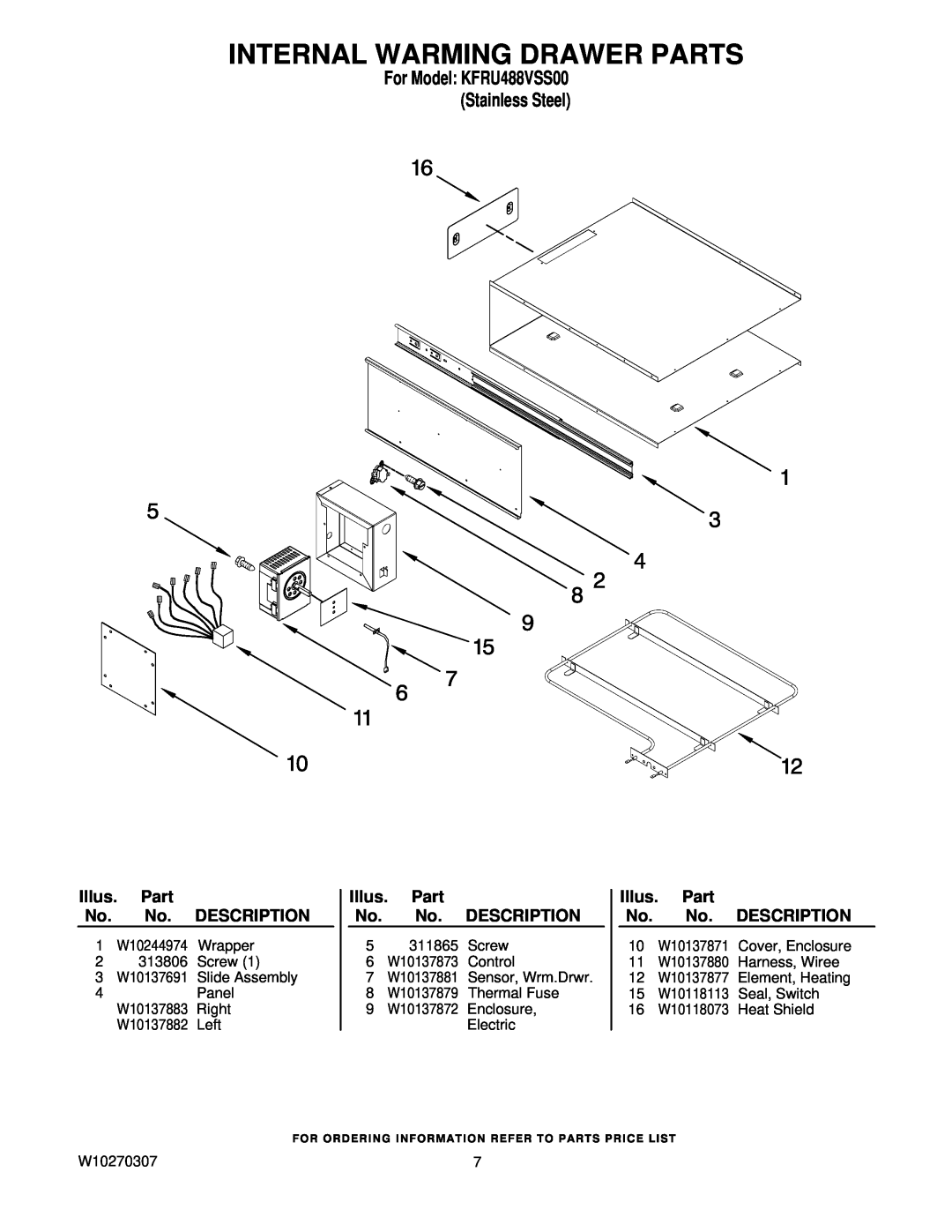 KitchenAid manual Internal Warming Drawer Parts, For Model KFRU488VSS00 Stainless Steel, Illus. Part No. No. DESCRIPTION 