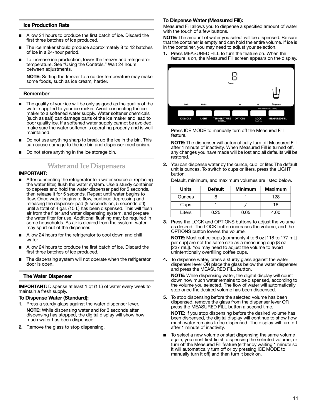 KitchenAid KFXS25RYWH installation instructions Water and Ice Dispensers 