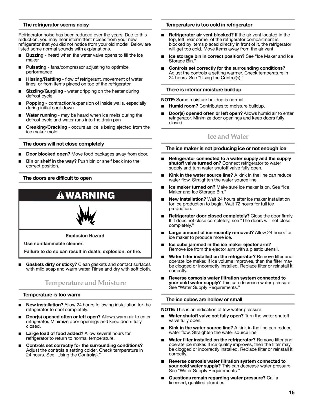 KitchenAid KFXS25RYWH installation instructions Temperature and Moisture, Ice and Water 