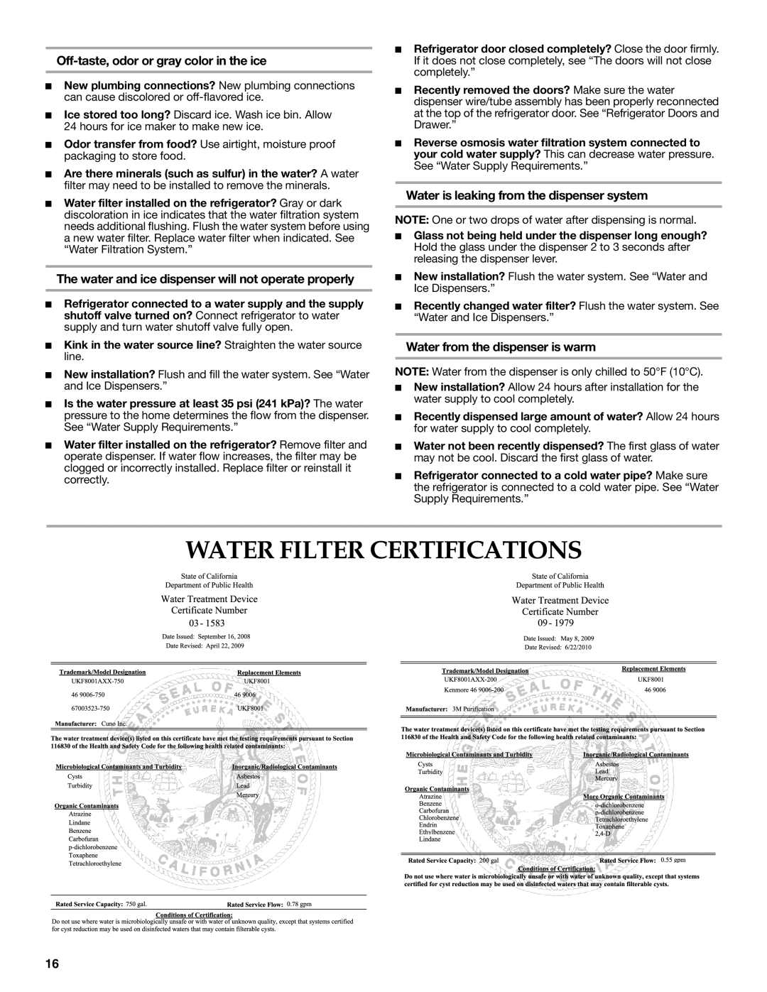 KitchenAid KFXS25RYWH installation instructions Water Filter Certifications, Off-taste, odor or gray color in the ice 