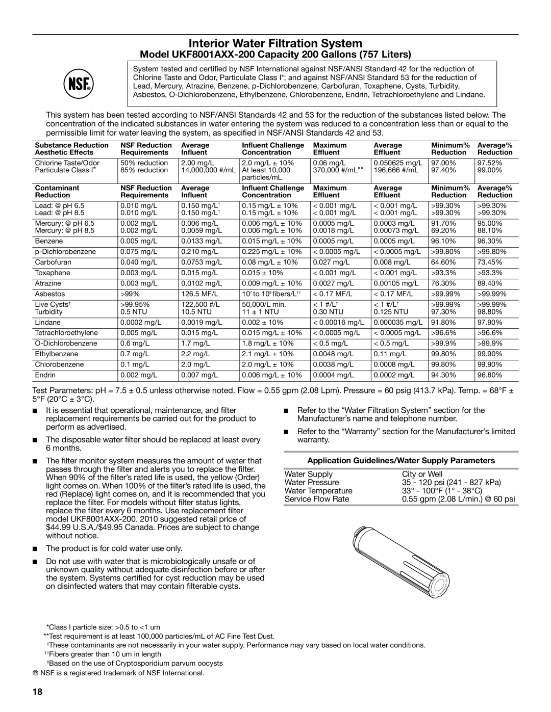 KitchenAid KFXS25RYWH installation instructions Model UKF8001AXX-200 Capacity 200 Gallons 757 Liters 