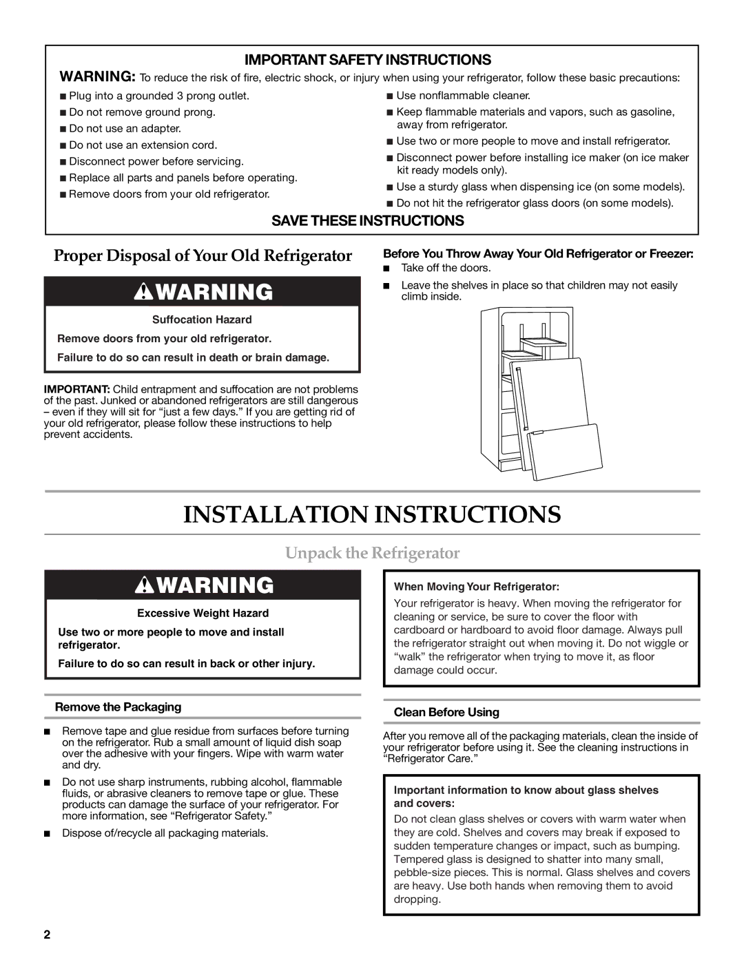 KitchenAid KFXS25RYWH Installation Instructions, Unpack the Refrigerator, Remove the Packaging, Clean Before Using 