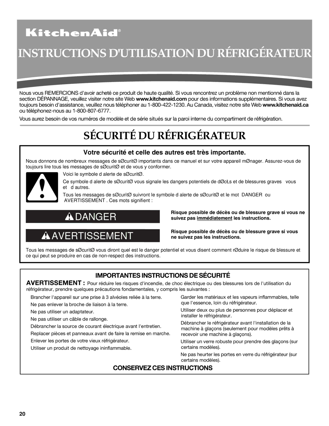 KitchenAid KFXS25RYWH installation instructions Instructions Dutilisation DU Réfrigérateur, Sécurité DU Réfrigérateur 