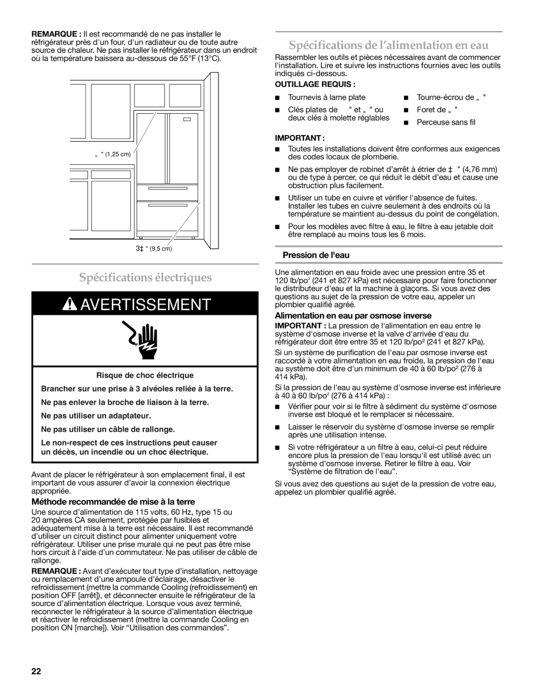 KitchenAid KFXS25RYWH Spécifications électriques, Spécifications de l’alimentation en eau, Pression de leau 