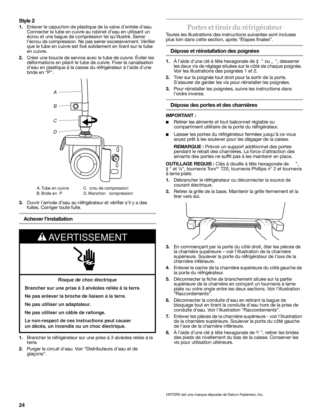 KitchenAid KFXS25RYWH Portes et tiroir du réfrigérateur, Achever l’installation, Dépose et réinstallation des poignées 