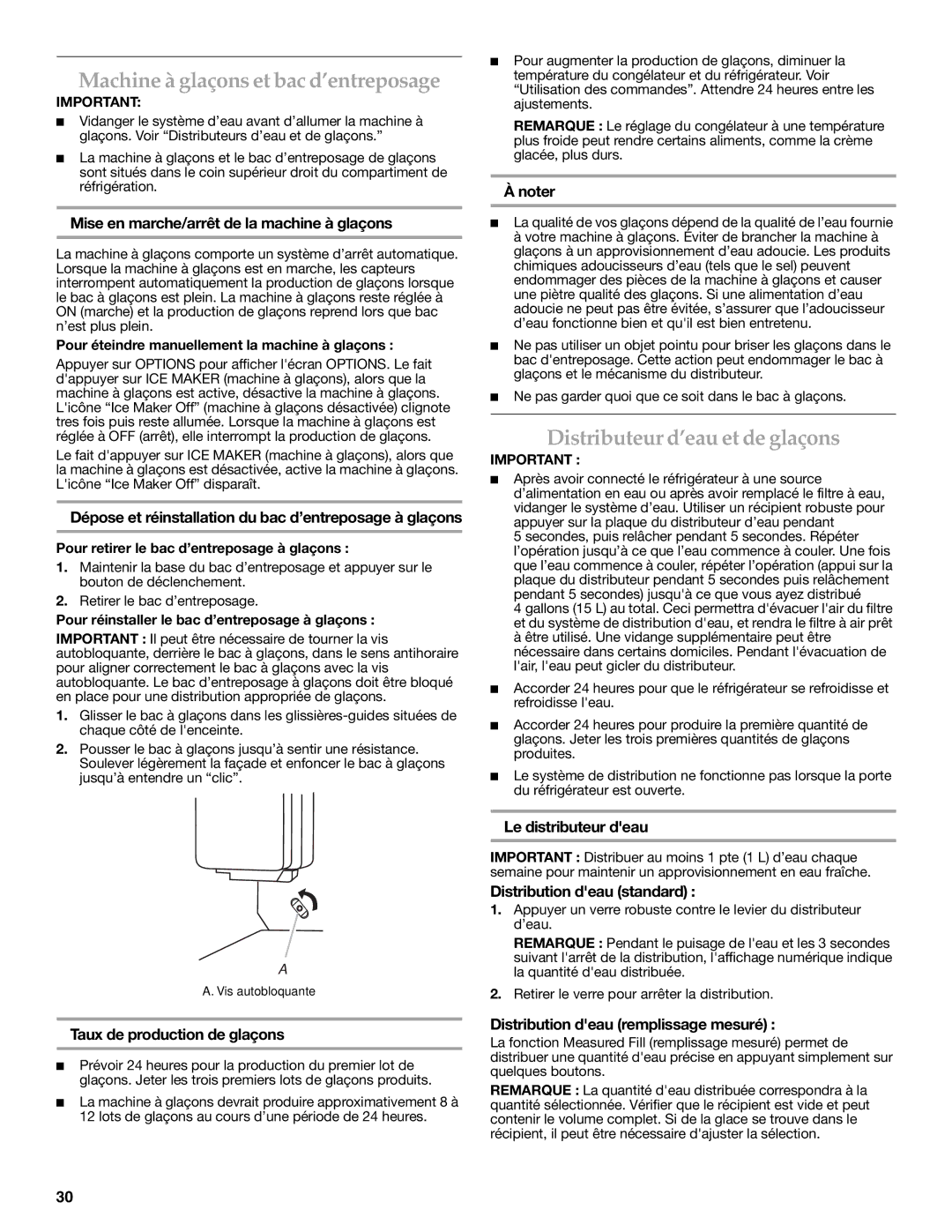 KitchenAid KFXS25RYWH installation instructions Machine à glaçons et bac d’entreposage, Distributeur d’eau et de glaçons 