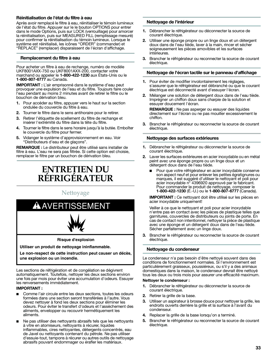 KitchenAid KFXS25RYWH installation instructions Entretien DU Réfrigérateur, Nettoyage 