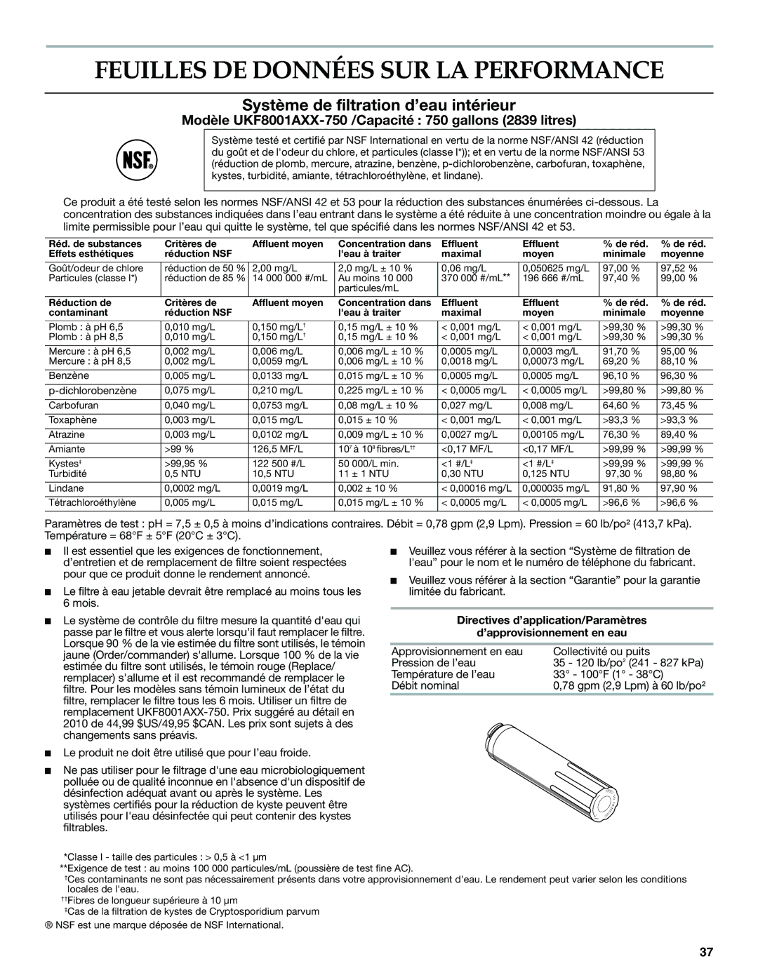 KitchenAid KFXS25RYWH Feuilles DE Données SUR LA Performance, Système de filtration d’eau intérieur 