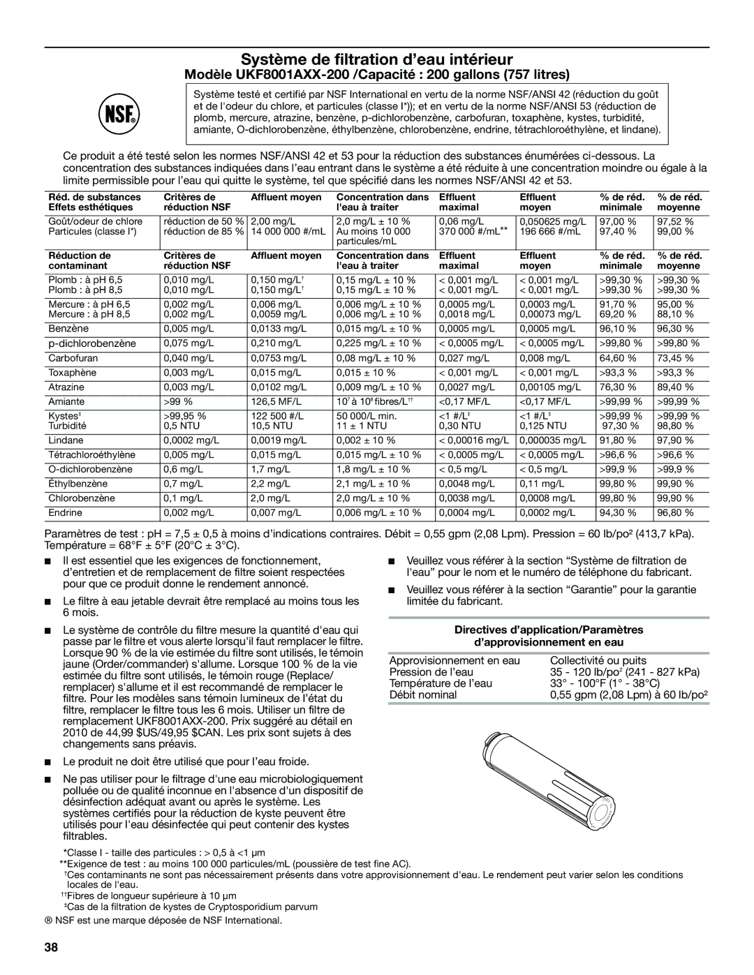 KitchenAid KFXS25RYWH installation instructions Modèle UKF8001AXX-200 /Capacité 200 gallons 757 litres 