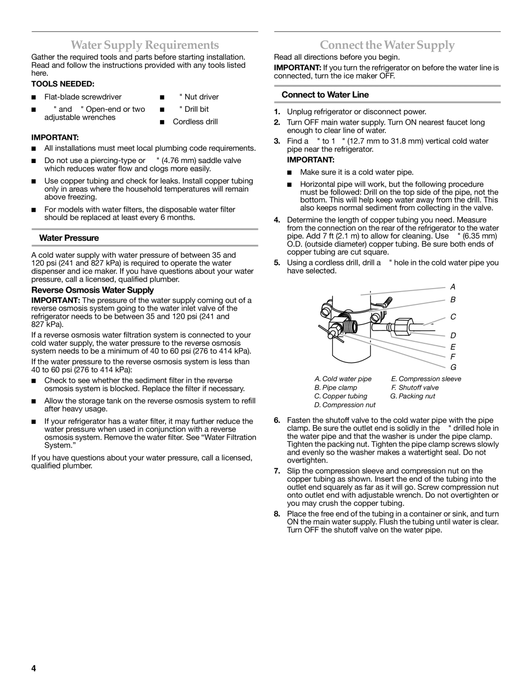 KitchenAid KFXS25RYWH Water Supply Requirements, Connect the Water Supply, Water Pressure, Reverse Osmosis Water Supply 